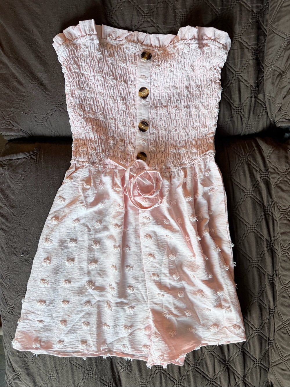Strapless Pink Smocked Romper with Flower Accent